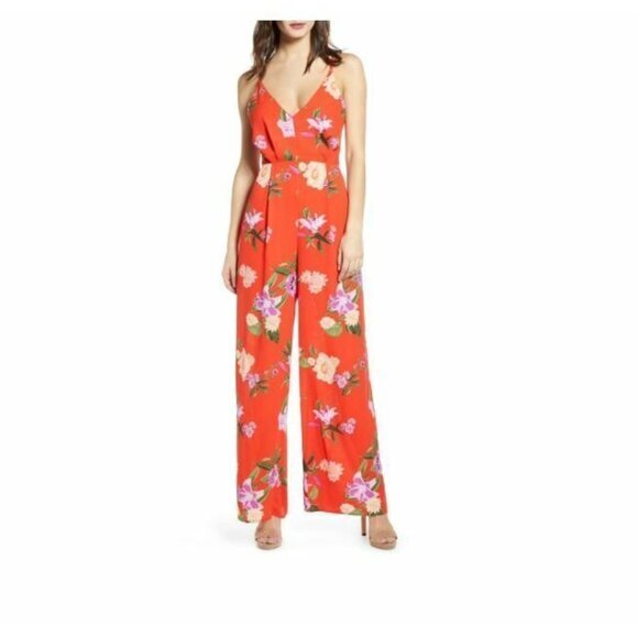 Astr Floral Jumpsuit Red Chiffon V Neck Strappy Back Wide Leg Jumpsuit SZ S New - Picture 1 of 5